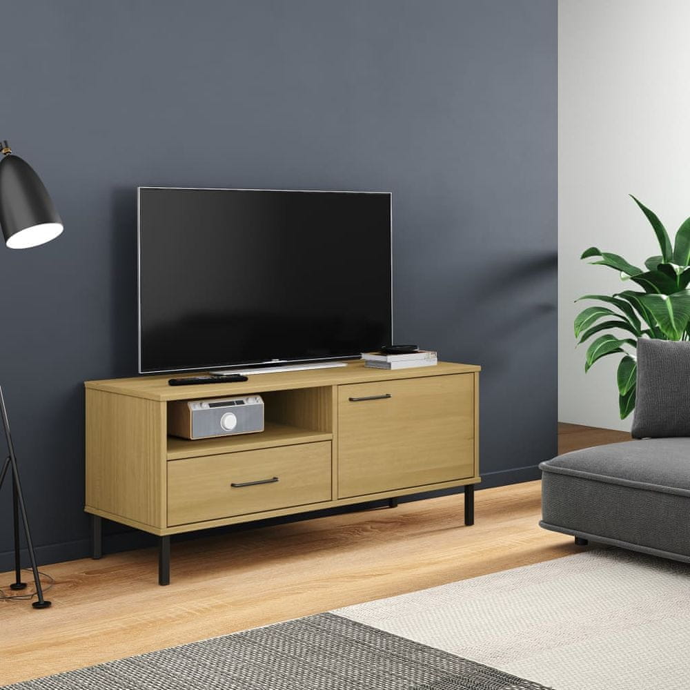 Vidaxl TV skrinka s kovovými nohami hnedá masívna borovica OSLO